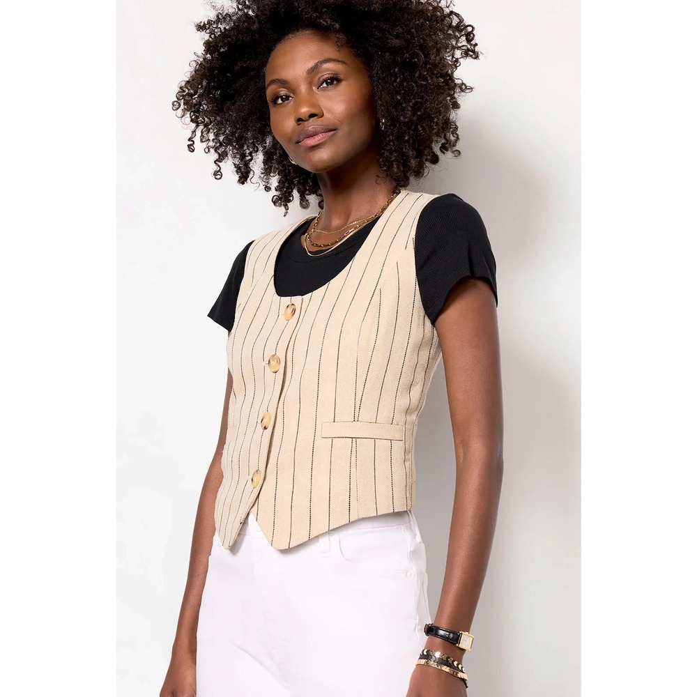 Evereve‎ Womens Vest Size L Piper Scoop Button Striped Lined Beige Black NWT